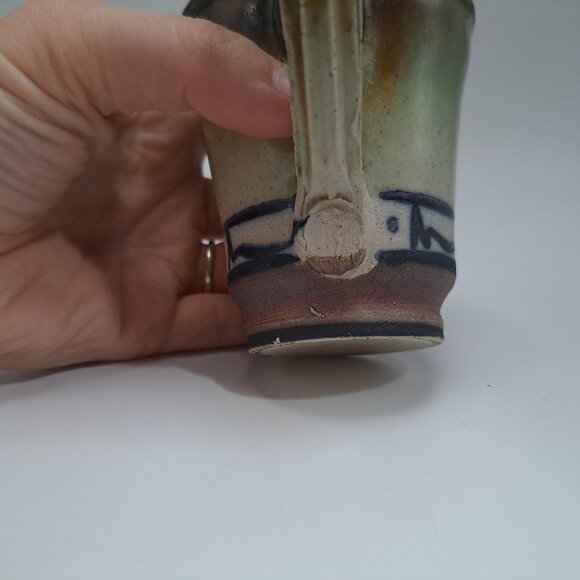 Studio Artisan Pottery Mug Green Brown Glaze Line Accent Rustic Coffee Cup - Picture 4 of 11